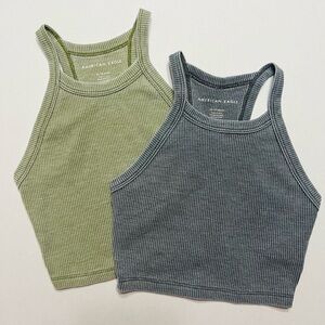 American Eagle Ribbed Cropped Tank Tops - Olive Green & Slate Blue